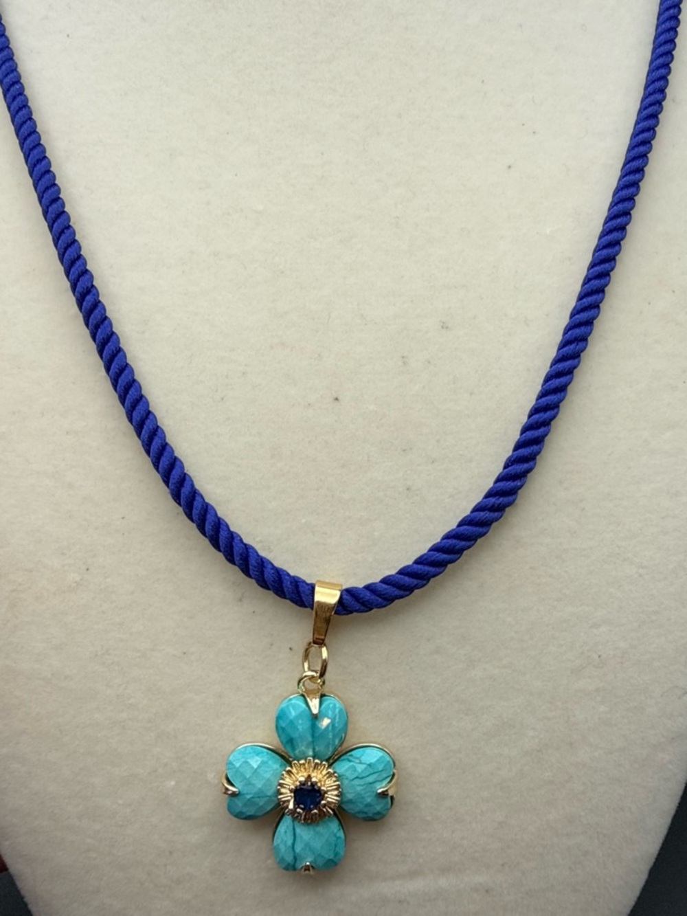 Adina Eden Blue Rope Necklace with Turquoise Flower Pendant